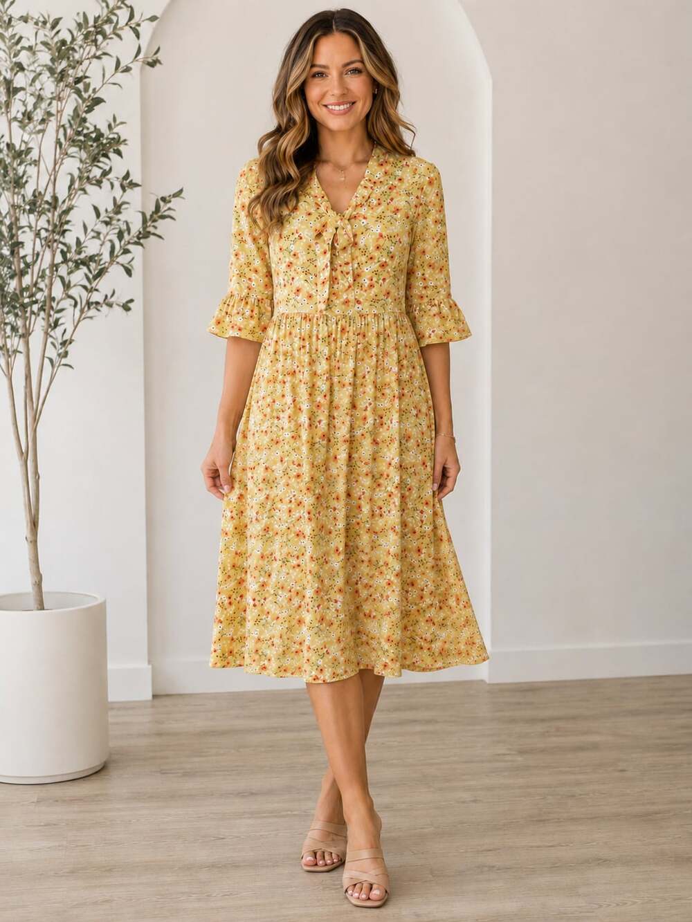 Orange Creek Yellow Floral Midi Dress M Bell Sleeve Tie Neck Cottagecore Lined